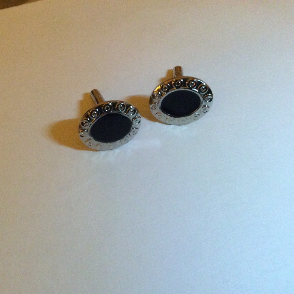 Men’s Cufflinks Shiny Silver Tone with Black Center Accent